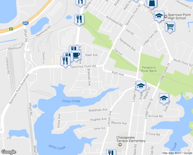 map of restaurants, bars, coffee shops, grocery stores, and more near 2518 South Snyder Avenue in Sparrows Point