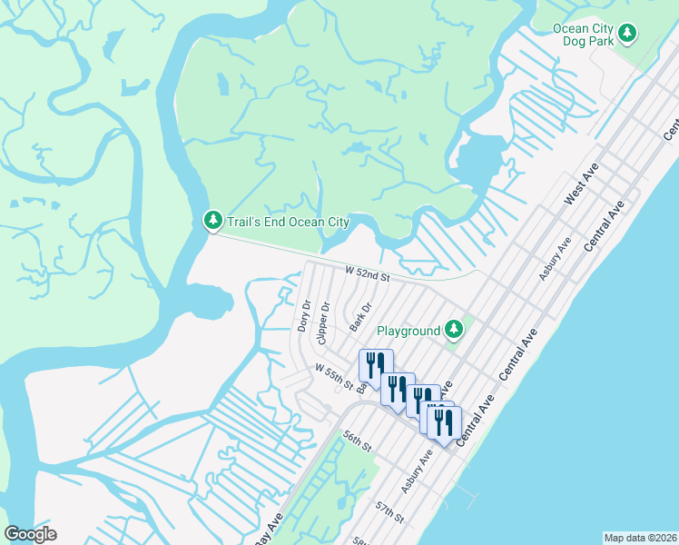 map of restaurants, bars, coffee shops, grocery stores, and more near 100 Clipper Drive in Ocean City