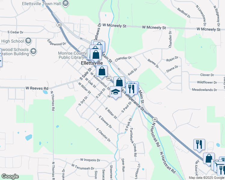 map of restaurants, bars, coffee shops, grocery stores, and more near 122 South 1st Street in Ellettsville