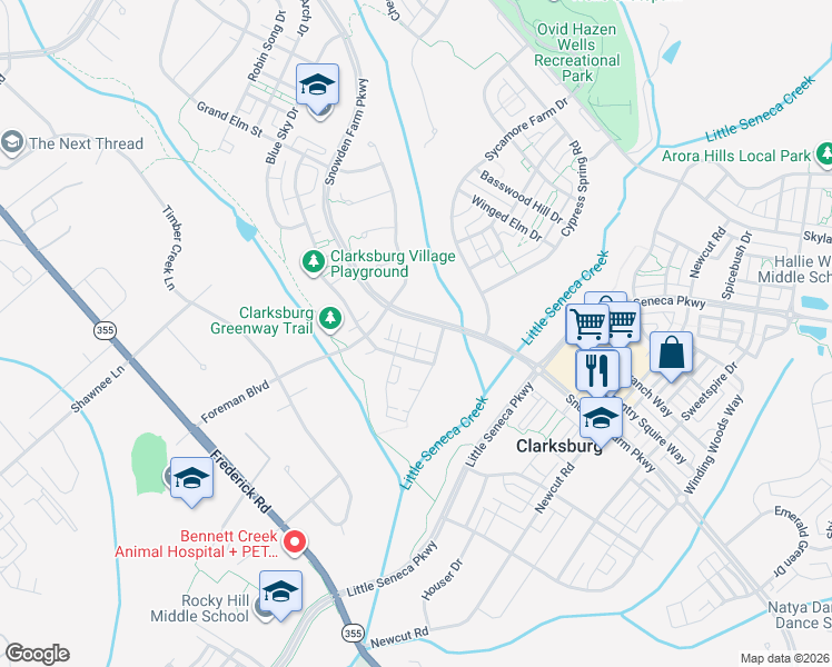 map of restaurants, bars, coffee shops, grocery stores, and more near 12408 Carriage Park Place in Clarksburg