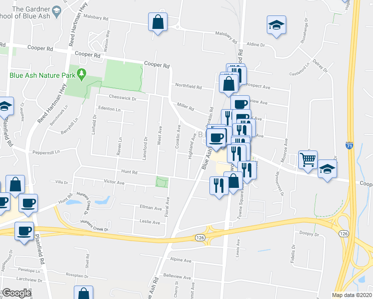 map of restaurants, bars, coffee shops, grocery stores, and more near 9501 Highland Avenue in Cincinnati