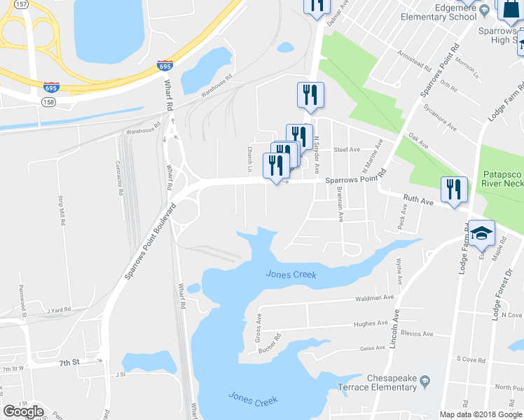 map of restaurants, bars, coffee shops, grocery stores, and more near 2508 Lakeview Avenue in Sparrows Point