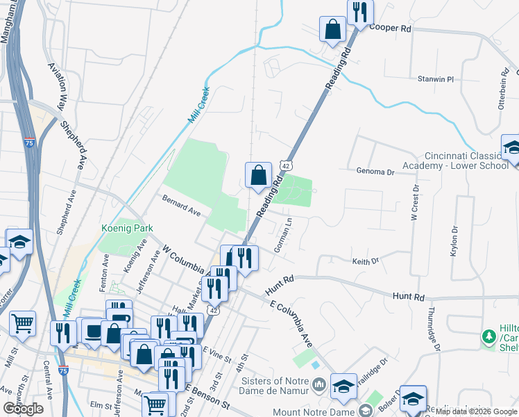 map of restaurants, bars, coffee shops, grocery stores, and more near 9359 Reading Road in Cincinnati