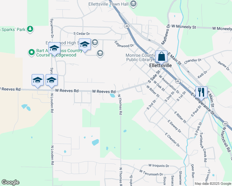 map of restaurants, bars, coffee shops, grocery stores, and more near 5495 North Thomas Road in Bloomington
