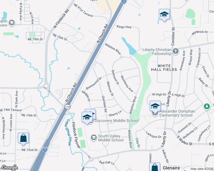 map of restaurants, bars, coffee shops, grocery stores, and more near 318 Melrose Street in Liberty