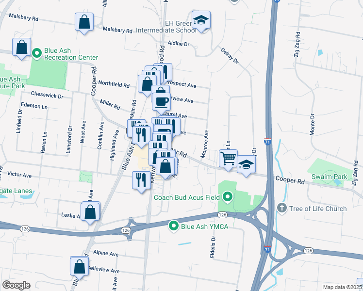 map of restaurants, bars, coffee shops, grocery stores, and more near 4866 Cooper Road in Blue Ash