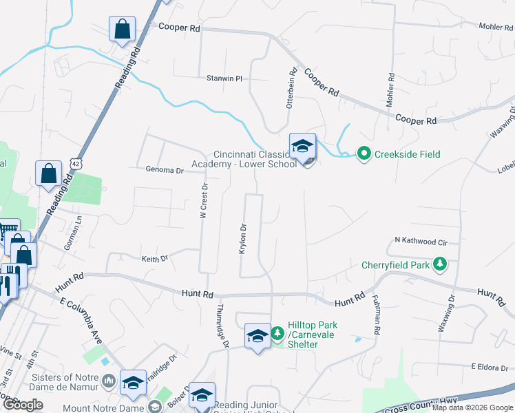 map of restaurants, bars, coffee shops, grocery stores, and more near 1719 Sanborn Drive in Cincinnati