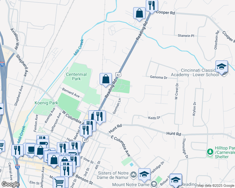 map of restaurants, bars, coffee shops, grocery stores, and more near 18 Gahl Terrace in Cincinnati