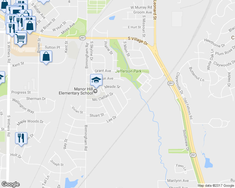 map of restaurants, bars, coffee shops, grocery stores, and more near 1501 Mcclellan Drive in Liberty