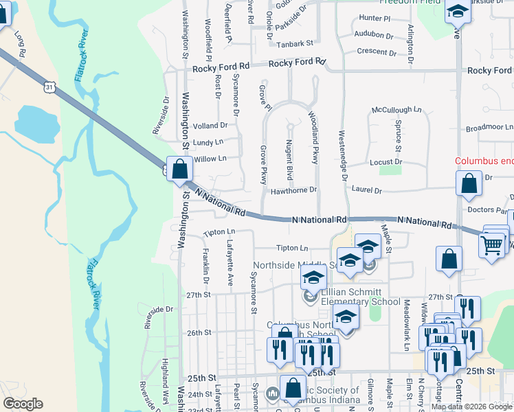 map of restaurants, bars, coffee shops, grocery stores, and more near 3163 North National Road in Columbus