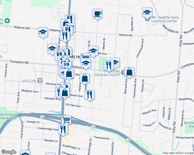 map of restaurants, bars, coffee shops, grocery stores, and more near 1483 Kinney Avenue in Mount Healthy