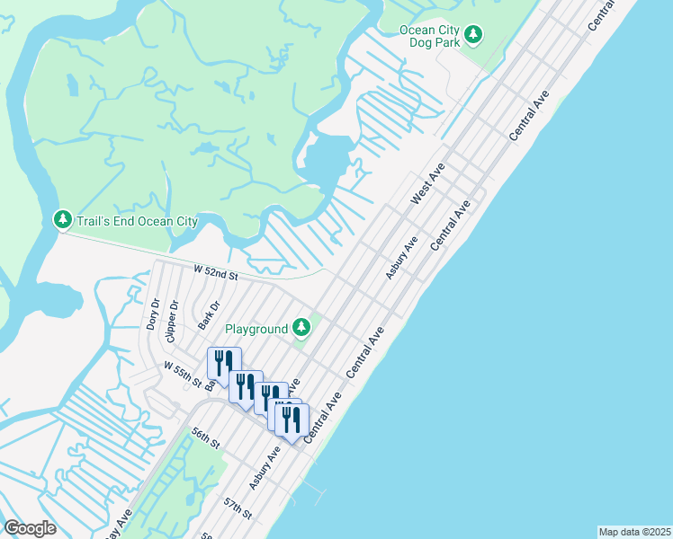 map of restaurants, bars, coffee shops, grocery stores, and more near 5044 Haven Avenue in Ocean City
