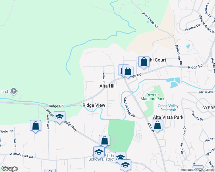 map of restaurants, bars, coffee shops, grocery stores, and more near Ridge Road & Carey Drive in Grass Valley
