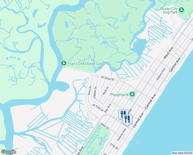 map of restaurants, bars, coffee shops, grocery stores, and more near 100 Clipper Drive in Ocean City