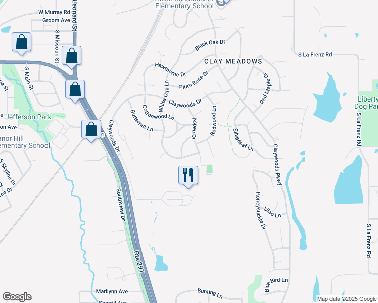 map of restaurants, bars, coffee shops, grocery stores, and more near 1177 White Oak Lane in Liberty