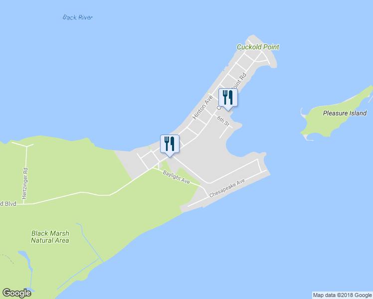map of restaurants, bars, coffee shops, grocery stores, and more near 8909 Cuckold Point Road in Sparrows Point