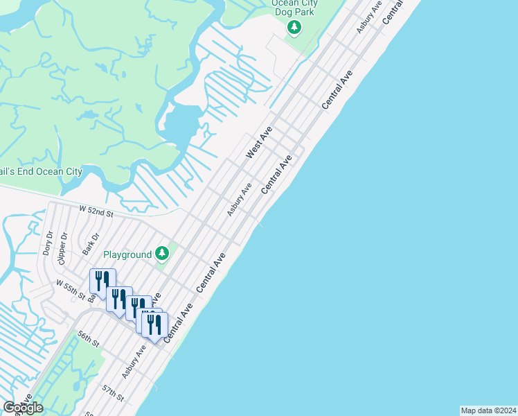 map of restaurants, bars, coffee shops, grocery stores, and more near 4933 Central Avenue in Ocean City