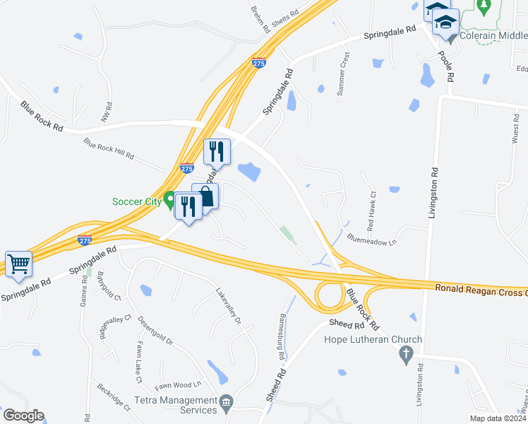 map of restaurants, bars, coffee shops, grocery stores, and more near 5555 Old Blue Rock Rd in Cincinnati