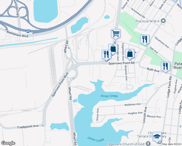 map of restaurants, bars, coffee shops, grocery stores, and more near 2519 Wagner Avenue in Sparrows Point