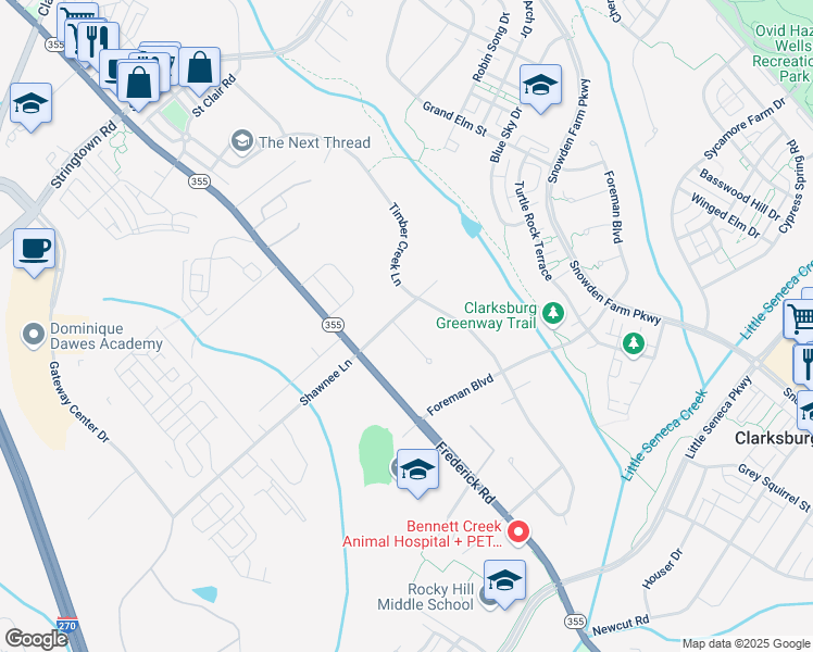 map of restaurants, bars, coffee shops, grocery stores, and more near 22817 Clarkbrooke Drive in Clarksburg