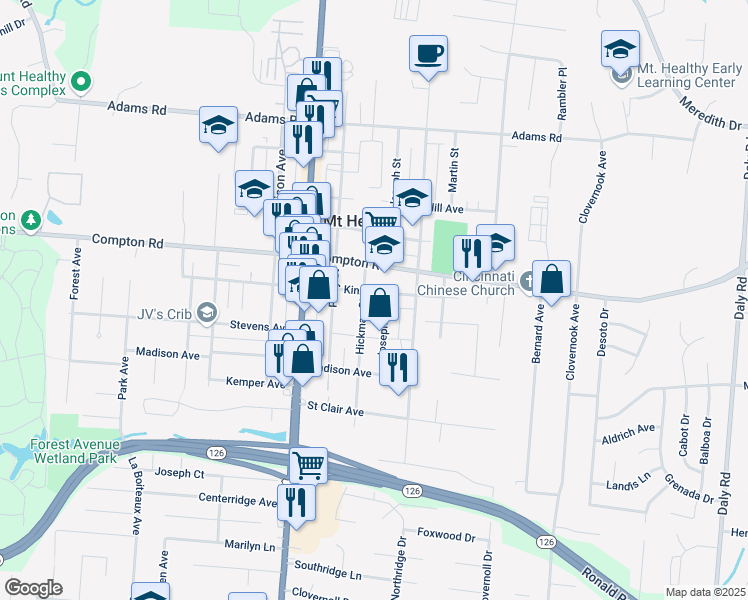 map of restaurants, bars, coffee shops, grocery stores, and more near 1523 Kinney Avenue in Cincinnati