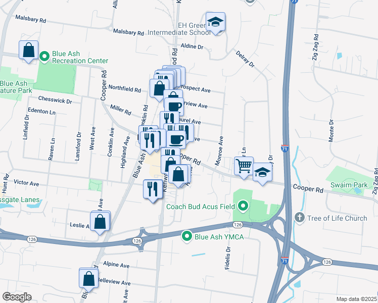 map of restaurants, bars, coffee shops, grocery stores, and more near 4866 Cooper Road in Blue Ash