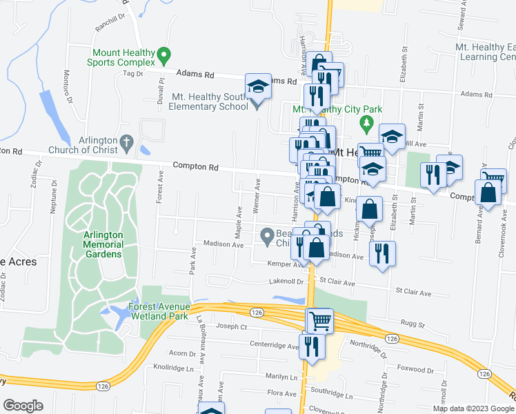 map of restaurants, bars, coffee shops, grocery stores, and more near 7424 Werner Avenue in Cincinnati