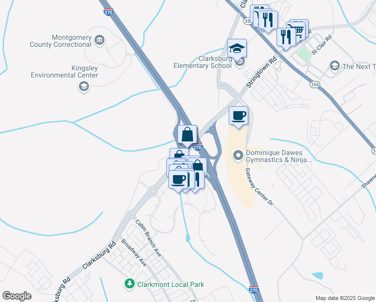 map of restaurants, bars, coffee shops, grocery stores, and more near 22705 Clarksburg Road in Boyds