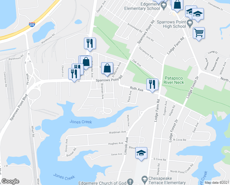 map of restaurants, bars, coffee shops, grocery stores, and more near 2525 South Snyder Avenue in Edgemere