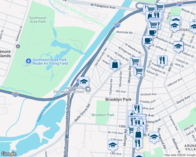 map of restaurants, bars, coffee shops, grocery stores, and more near 301 Grove Park Road in Brooklyn Park