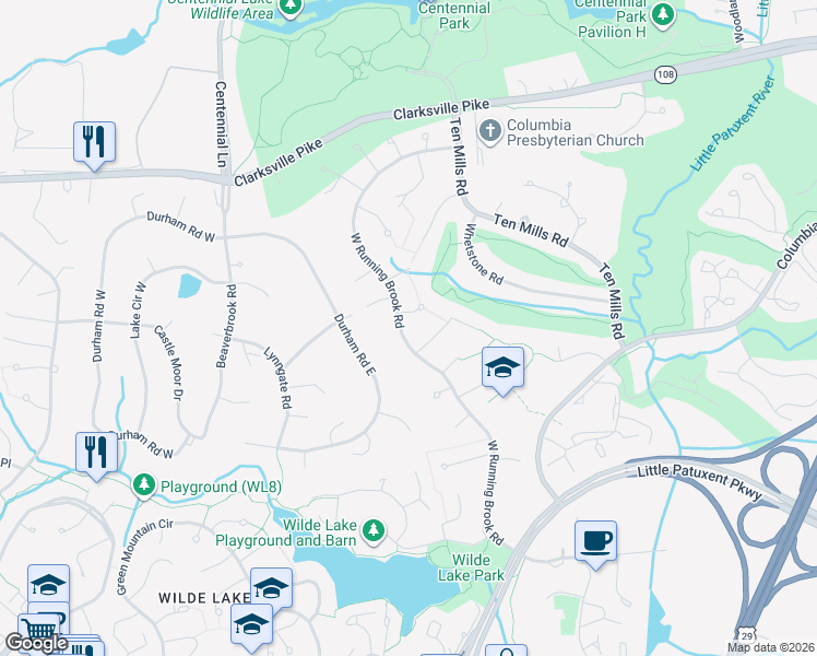 map of restaurants, bars, coffee shops, grocery stores, and more near 5113 West Running Brook Road in Columbia