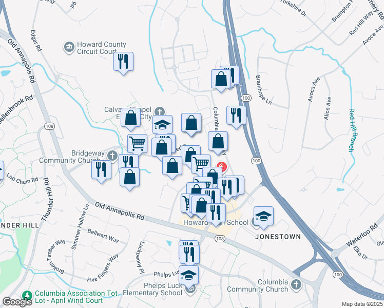 map of restaurants, bars, coffee shops, grocery stores, and more near 9121 Red Branch Road in Columbia