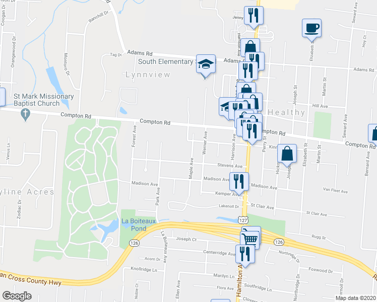 map of restaurants, bars, coffee shops, grocery stores, and more near 7417 Maple Avenue in Cincinnati