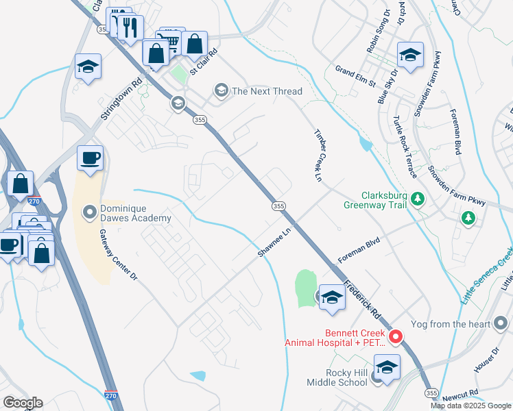 map of restaurants, bars, coffee shops, grocery stores, and more near 22821 Frederick Road in Clarksburg