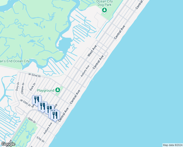map of restaurants, bars, coffee shops, grocery stores, and more near 4933 Central Avenue in Ocean City