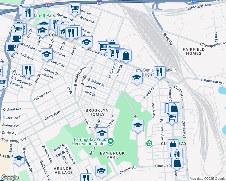 map of restaurants, bars, coffee shops, grocery stores, and more near 1001 East Jeffrey Street in Baltimore
