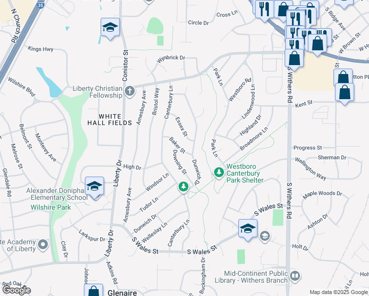map of restaurants, bars, coffee shops, grocery stores, and more near 1512 Baker Street in Liberty