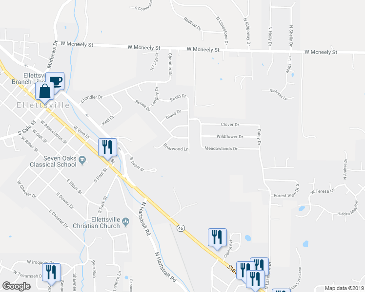 map of restaurants, bars, coffee shops, grocery stores, and more near 372 Briarwood Lane in Ellettsville