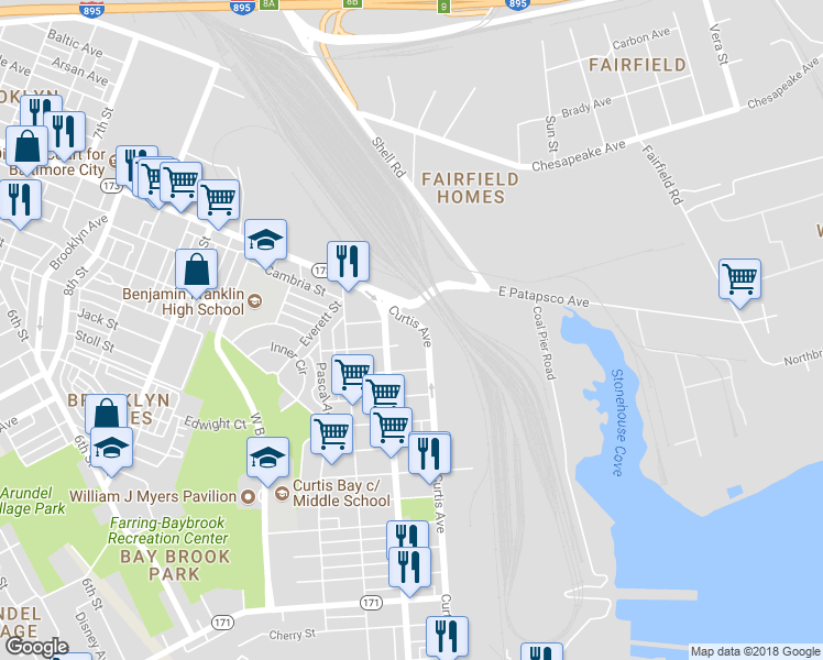 map of restaurants, bars, coffee shops, grocery stores, and more near 1425 East Patapsco Avenue in Baltimore