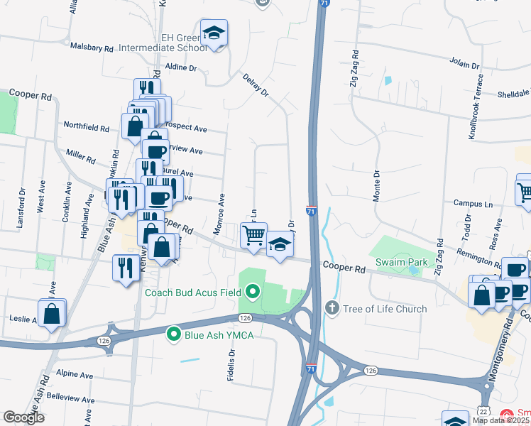map of restaurants, bars, coffee shops, grocery stores, and more near 9594 Cooper Lane in Cincinnati