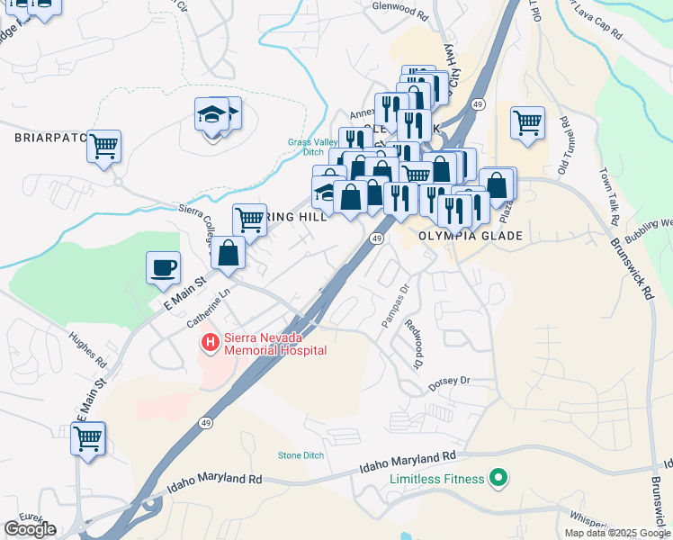 map of restaurants, bars, coffee shops, grocery stores, and more near 296 Joerschke Drive in Grass Valley