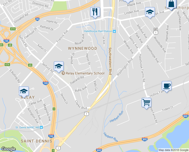 map of restaurants, bars, coffee shops, grocery stores, and more near 5846 Oakland Road in Halethorpe