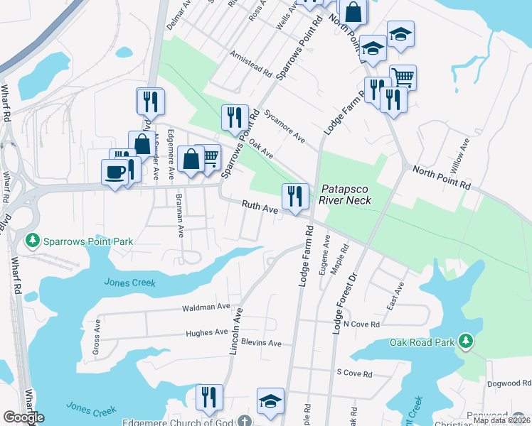 map of restaurants, bars, coffee shops, grocery stores, and more near 2320 Ruth Avenue in Sparrows Point