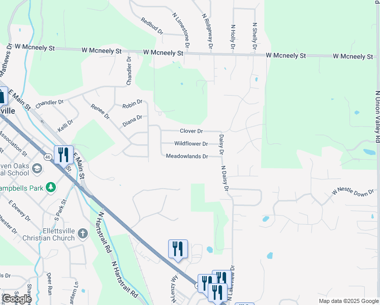 map of restaurants, bars, coffee shops, grocery stores, and more near 867 Meadowlands Drive in Ellettsville