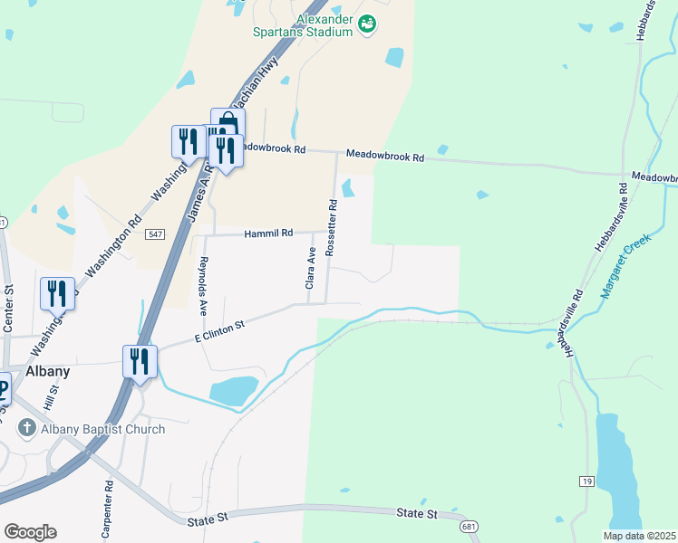 map of restaurants, bars, coffee shops, grocery stores, and more near 5948 Waldo Lane in Albany