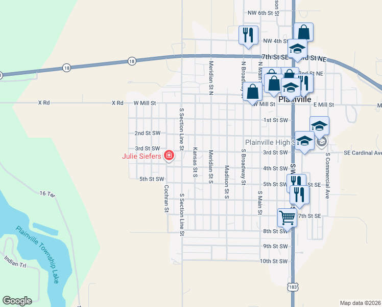 map of restaurants, bars, coffee shops, grocery stores, and more near 401-499 S Section Line St in Plainville