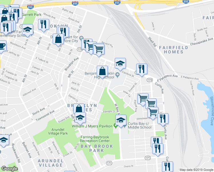 map of restaurants, bars, coffee shops, grocery stores, and more near 3824 West Bay Avenue in Baltimore
