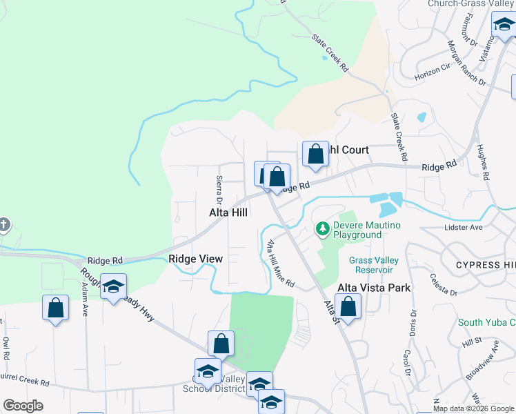 map of restaurants, bars, coffee shops, grocery stores, and more near 10933 Bettcher Court in Grass Valley