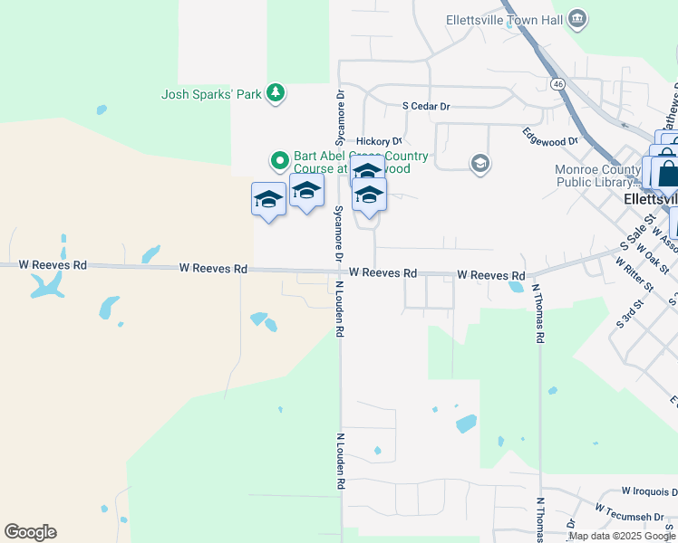 map of restaurants, bars, coffee shops, grocery stores, and more near 7600 West Reeves Road in Bloomington