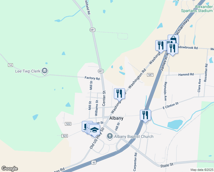 map of restaurants, bars, coffee shops, grocery stores, and more near 2035 Ohio 681 in Albany